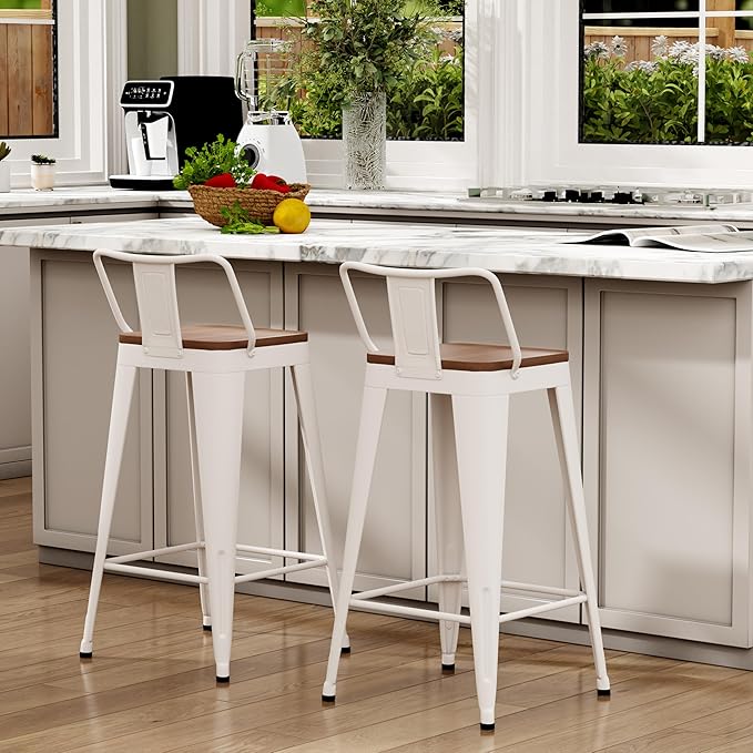 WENTMENT Metal Bar Stools Set of 2 Counter Height Barstools with Removable Back 26" Kitchen Bar Stools with Wooden Seat,Off White