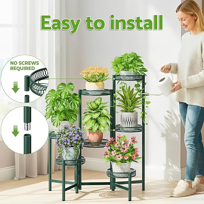 7 Tier Metal Corner Plant Stand Indoor Outdoor, Folding Tall Plant Rack, Heavy Duty Wrought Iron Flower Pot Stand, Planter Display Rack for Living Room Balcony Garden Patio - GreenFlower