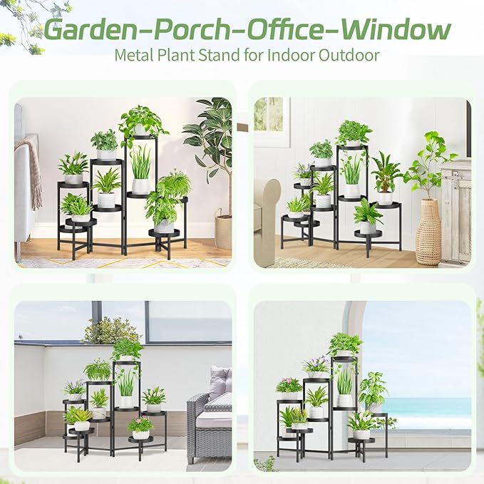 iDavosic.ly Plant Stand Indoor Outdoor, 9 Tier Corner Metal Flower Display Holder Shelf, Easy Assembly Folding Tall Orchid Rack for Patio Balcony Porch Garden Living Room House, Black