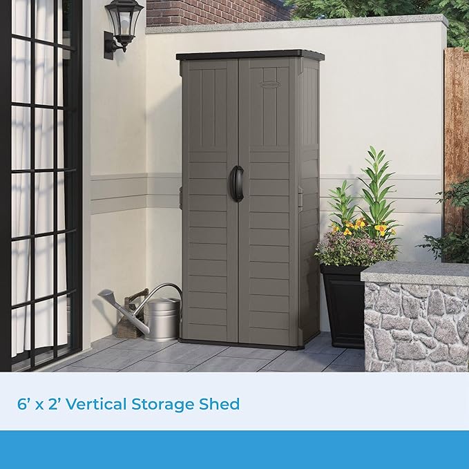 Suncast 22 Cubic Ft. Vertical Resin Outdoor Storage Shed with Lockable Double Doors, Weather-Resistant Multi-Wall Panels, Stoney