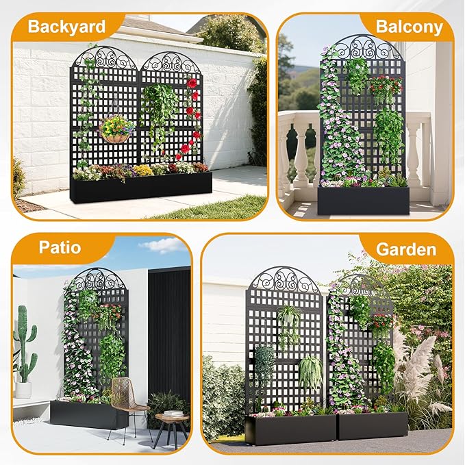 Metal Raised Garden Bed with Trellis, 79"x40"x11.8" Planter Box with Privacy Screen for Patio Deck, Freestanding Divider Fence with Drainage Holes for Climbing Plants Vines & Vegetable