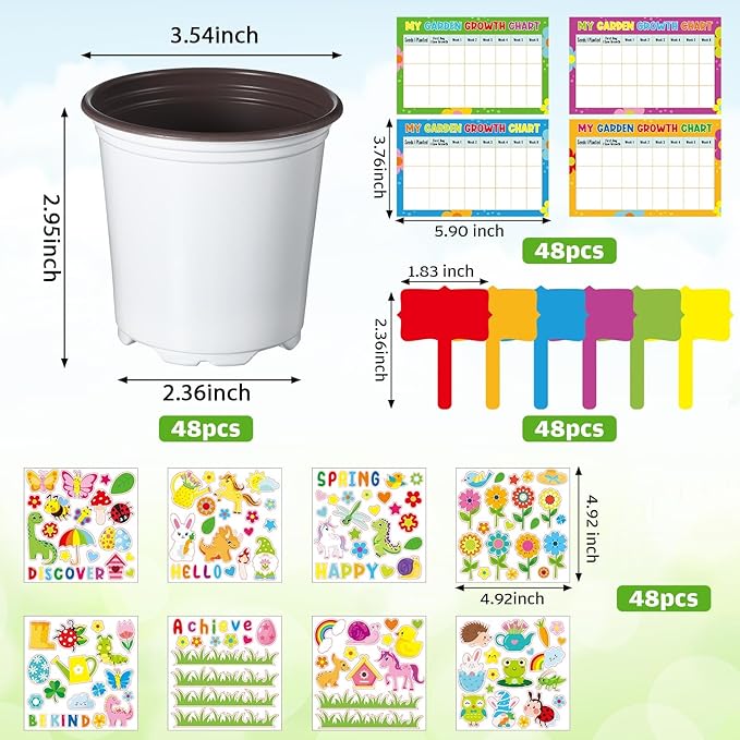 Capoda 48 Sets Garden Flower Pots Crafts Kit DIY Spring Plastic Seedling Nursery Pots with Stickers Plant Labels Growth Charts Planting Growing Tools Classroom Activities Project Gifts (Round)