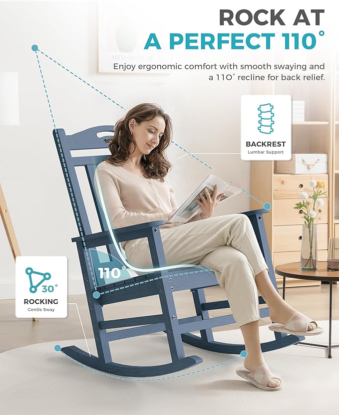Ciokea Oversized Outdoor Rocking Chairs Set of 2, 380lbs Heavy-Duty Large Patio Rocker, High Back Cozy Porch Chairs, Weather Resistant Patio Rocking Chairs for Outside, Fire Pit, Deck, Slate Blue