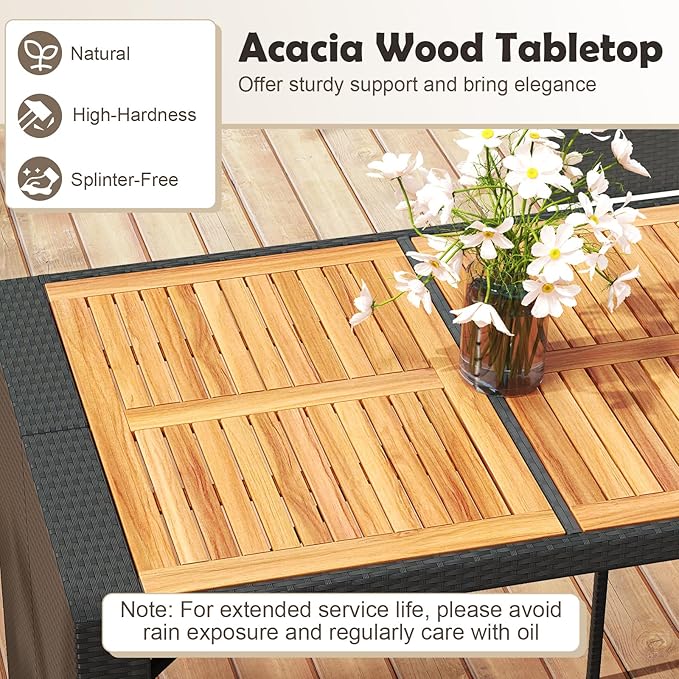 Tangkula 7 Piece Patio Wicker Bar Set, Patiojoy Outdoor Acacia Wood Bar Height Table & 6 Rattan Bar Stool Chairs with Backrest and Footrest, for Bistro Garden Balcony