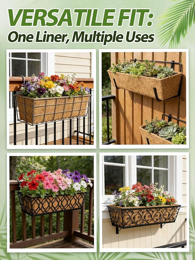 24in Tapered Coco Liners for Window Planter Box - 2 Pack 100% Natural Coconut Coir Fiber Liner Replacement for Deck Flower Box, Garden Railing Fence Wall Planter Basket