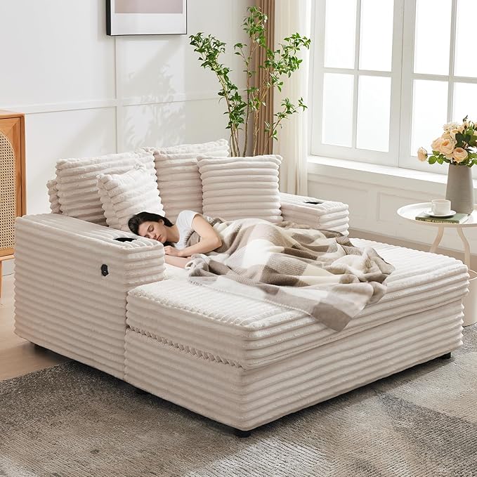 GarveeHome 60-inchOversized Chaise Lounge Chair Indoor, Comfy Corduroy Lounge Sofa with Charging Station, Cup Holders & Throw Pillows, Cozy Sleeper Couch for Living Room Apartments, Beige