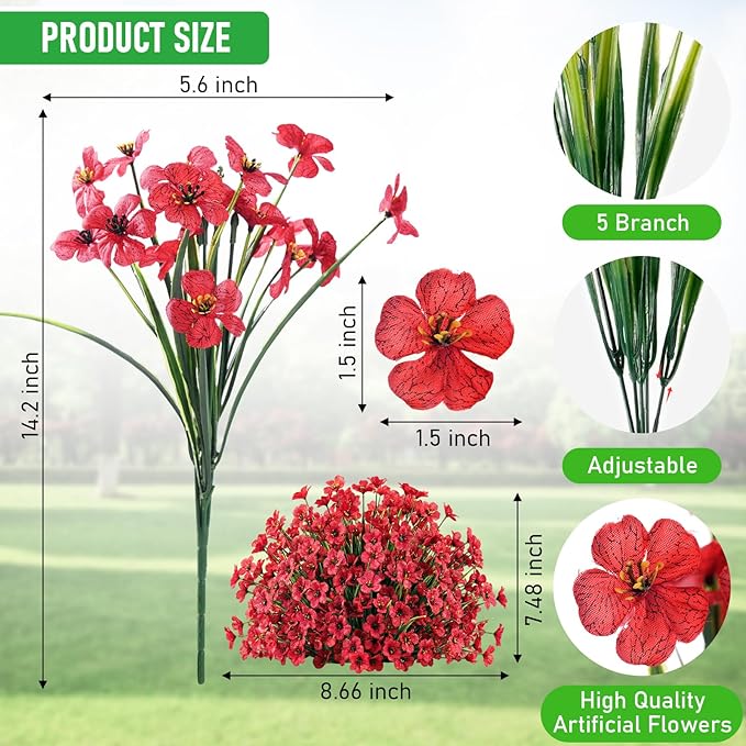 22 Pack Artificial Flowers Outdoor Fake Plants, Faux Flowers UV Resistant with Plastic Plants, Faux Silk Flowers for Outdoors Outside Front Porch Hanging Planter Window Box Garden Decoration(Red)