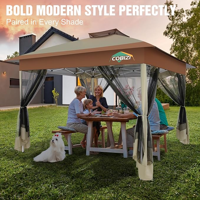 COBIZI Gazebo 13x13 Pop Up Canopy, Gazebos on Clearance - Canopy Tent with Mosquito Netting for Lawn, Garden, Backyard & Patio - Carpas para Patio- Water Resistant and UPF50+ (Khaki)