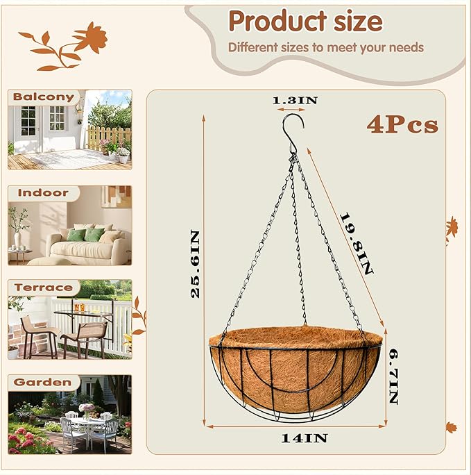 14 inch Metal Hanging Baskets For Plants Outdoor 4 Pack Round Metal Wire Hanging Basket Planter with Coco Fiber Liners Plant Holder for Garden, Patio, Deck, Porch Plants Flower Potss Outdoor(Grid)