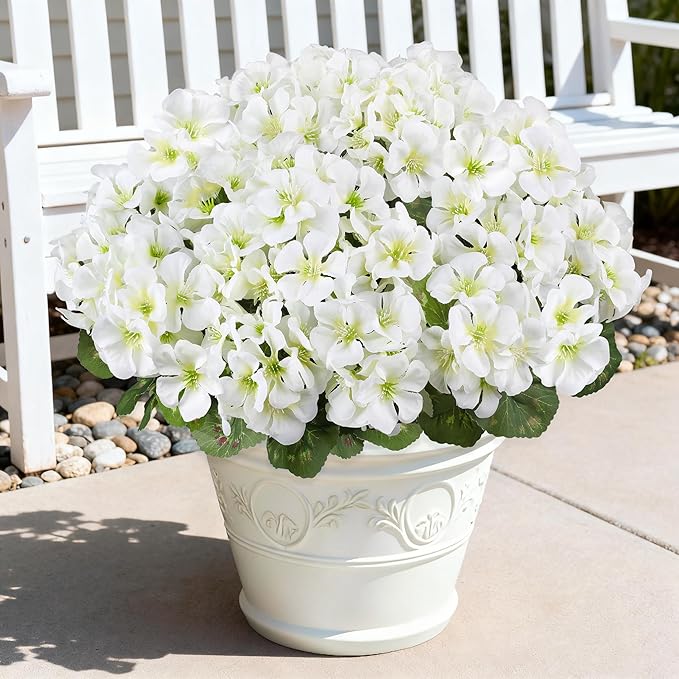 Artificial Geranium Flowers for Outdoors, 6 Bundles Realistic Silk Fake Geranium, No Fade Faux Plants for Hanging Baskets, Window Boxes, Pots - Porch, Patio, Balcony Decor(White)