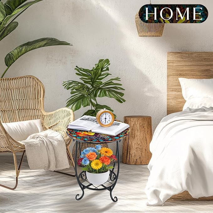 Outdoor Side Table Round Small Mosaic Patio Accent Indoor End Plant Coffee Tea Table for Yard Patio Porch Garden Living Room, Bedroom(Tree of Life Style,12 Inch)