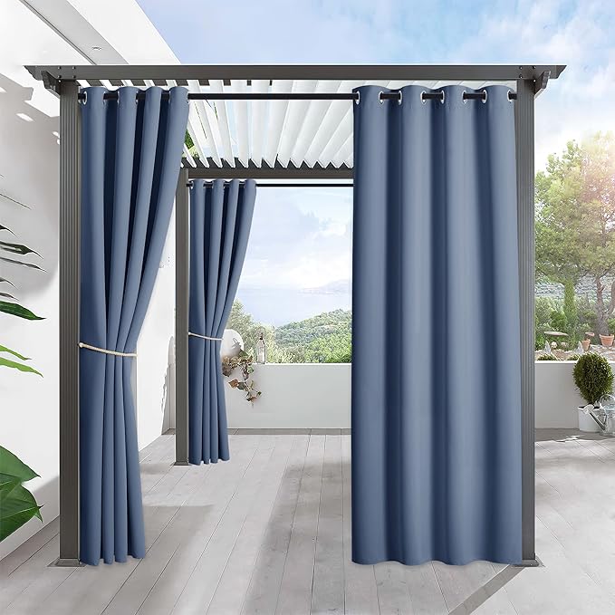 RYB HOME Outdoor Curtains for Patio Waterproof Block Sunlight Thermal Insulated Privacy Assured Thick Outside Curtains for Porch, Gazebo, Pergola, W52 x L95, Stone Blue, 1 Panel