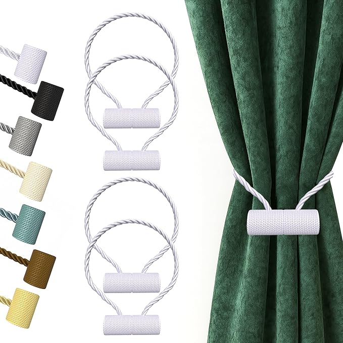 Hion Magnetic Curtain Tiebacks White 4 Pack, Curtain Tiebacks Buckles Holdbacks Holders Hooks Clip for Home Bedroom Office