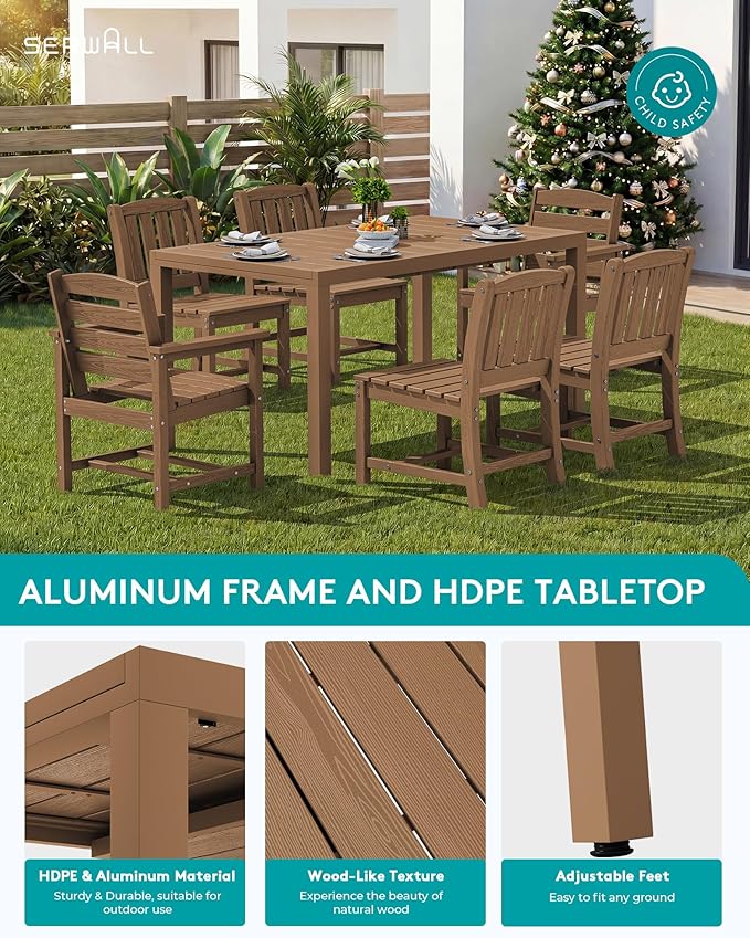 SERWALL 9-Piece Outdoor Dining Set, 60" - 83" Expandable Outdoor Dining Table and 8 HDPE Chairs, All Weather HDPE Outdoor Furniture Set for Backyard, Garden, Brown