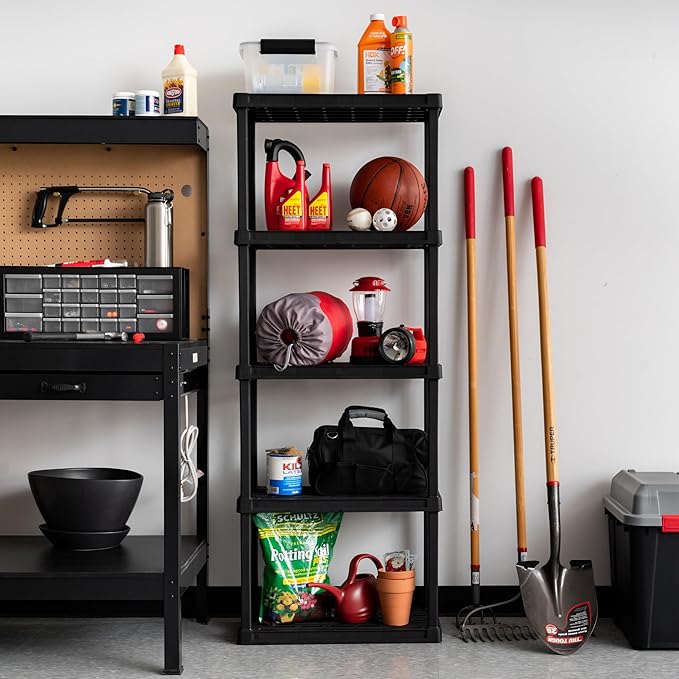 IRIS USA 5-Shelf Light Duty Plastic Storage Shelves, 250lb Capacity, 64" H x 24" W x 12" D, Medium Modular Shelving Unit Storage Organizer for Bathroom, Laundry, Garage & Home, Storage Rack - Black
