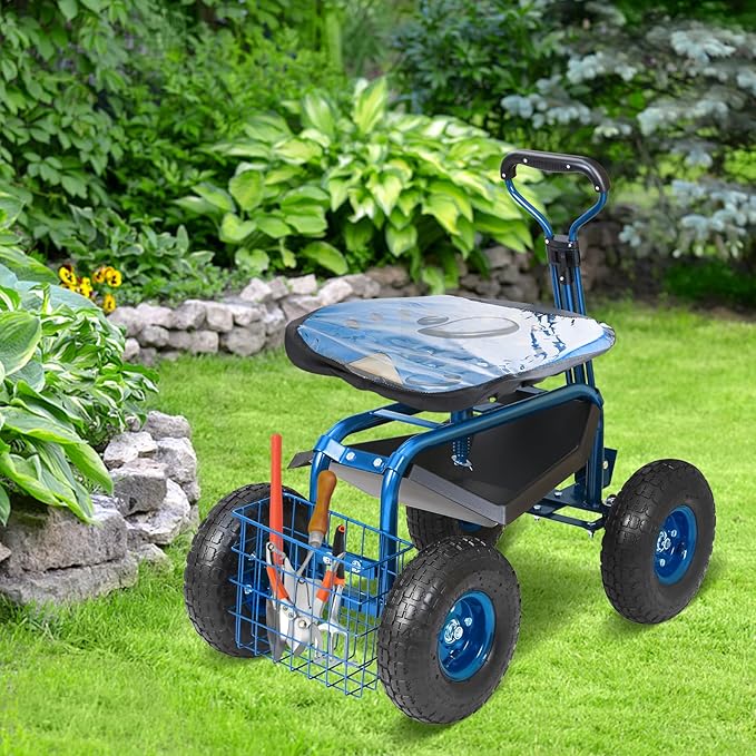 VEVOR Garden Cart Rolling Workseat with Wheels, Gardening Stool for Planting, 360 Degree Swivel Seat, Wagon Scooter with Steering Handle & Utility Tool Tray, Use for Patio, Yard, and Outdoors, Blue