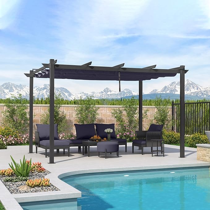 PURPLE LEAF 10' x 13' Aluminum Outdoor Pergola Wind-Resistant Retractable Pergola with Double Sun Shade Canopy Heavy-Duty Metal Pergola for Patios Backyard Deck Garden, Navy Blue