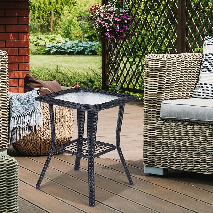 VINGLI Outdoor Side Table with Storage Wicker Patio Side Table, Tempered Glass Top End Table for Balcony Porch Deck (Black)