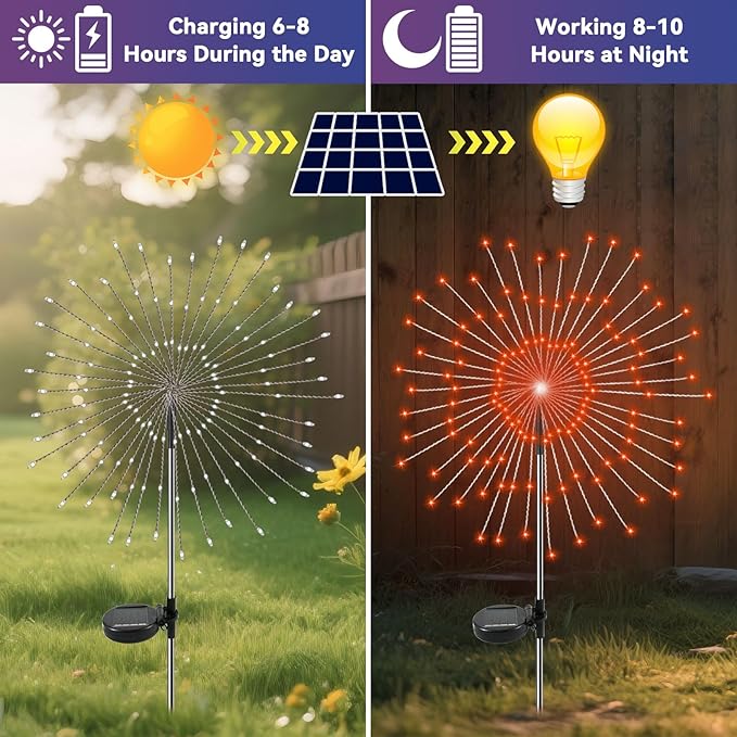 Garden Outdoor Lights, 2 Pack 120 LED Solar Garden Lights Fairy Lights Outdoor Waterproof Decorative Solar Firework Lights for Yard, Patio, Pathway, Flowerbed Party Wedding Decor, Orange