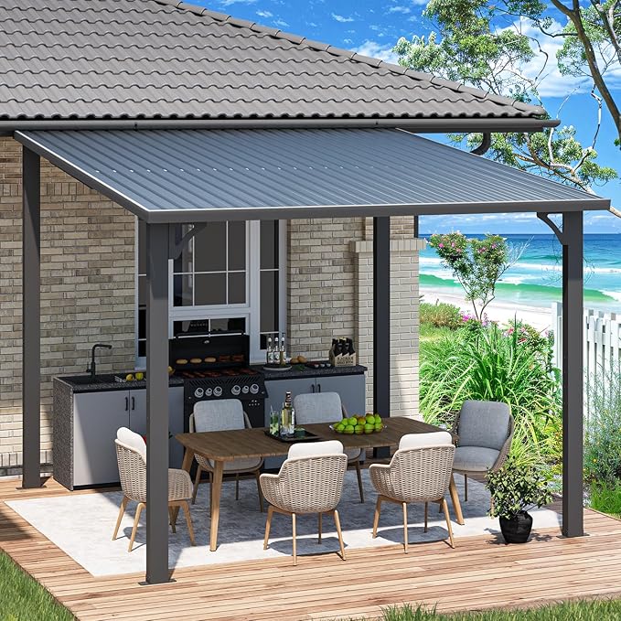 AECOJOY 10' x 10' Hardtop Gazebo Outdoor Pergola, Heavy Duty Lean to Metal Pergolas and Gazebos Clearance, Wall-Mounted Grill Gazebo Galvanized Steel Patio Roof Awnings for Patio, Decks