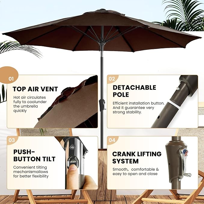 Ayge 9FT Large Outdoor Patio Umbrella Market Table Umbrella-UV Resistant, Easy Push Button Tilt and Crank, 8 Sturdy Fiberglass Ribs Heavy-Duty Pool Umbrella for Deck, Backyard,Garden,Brown