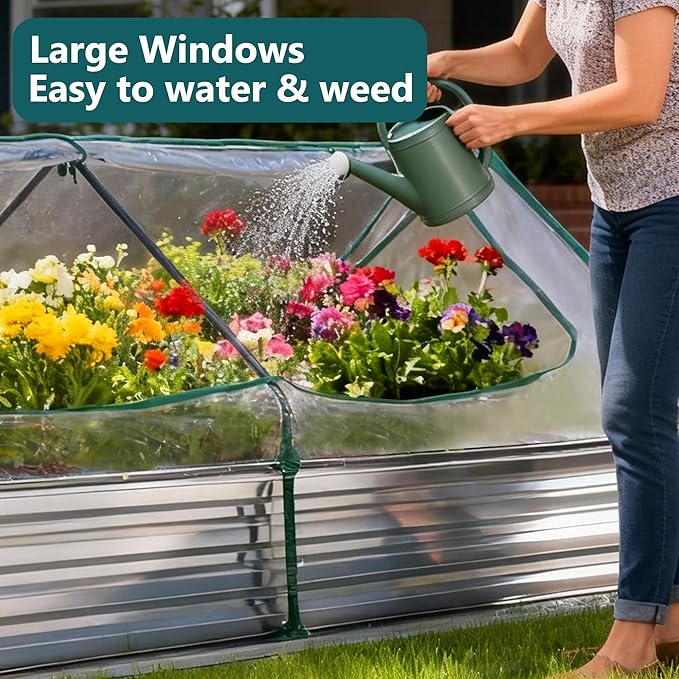 DUMOS Raised Garden Bed with Cover, 8x4x1ft Planter Box Outdoor for Deep-Rooted Herbs/Flowers/Vegetables, Extra Large Metal Garden Bed Mini Greenhouse for Patio, Balcony and Backyard, Silver