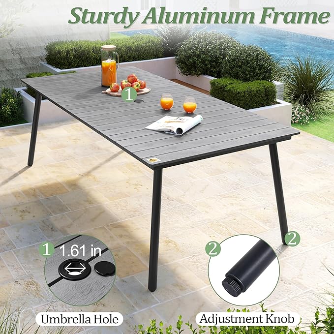 83" Patio Outdoor Dining Table for 6-8, Weather-Resistant Aluminum Frame with Wood-Grain Top & Umbrella Hole for Deck Gatherings, Grey