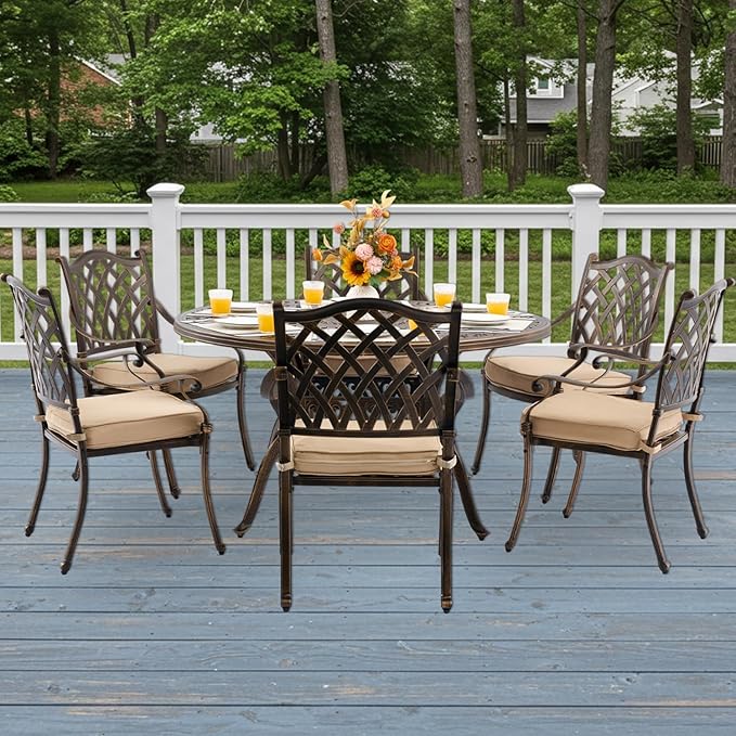 7-Piece Cast Aluminum Patio Furniture, Outdoor Dining Sets for 6 Include 54" Round Patio Dining Table and 6 Stackable Chairs with Cushions & Umbrella Hole (Bronze)