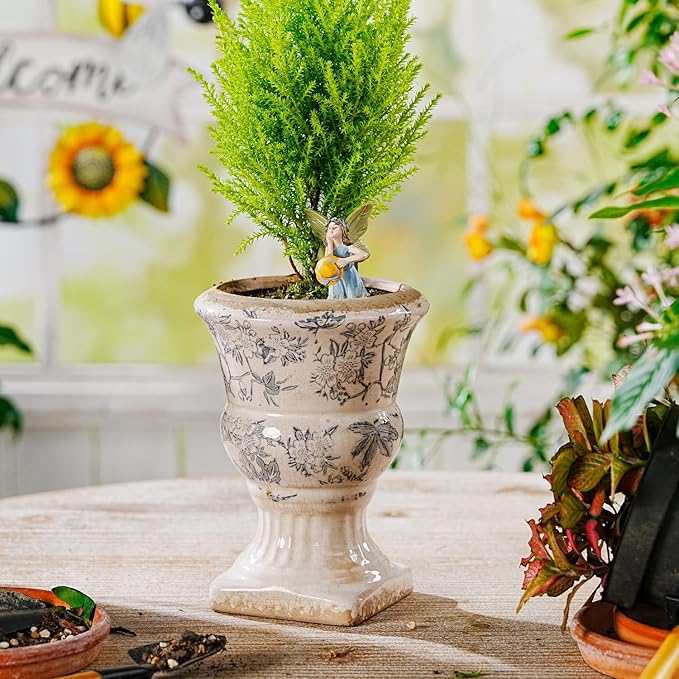 Sungmor Small Ceramic Urn Planter - Grey Scroll Floral Pedestal Flower Pot, Decorative Vintage Chinoiserie Style Planters, Tuscan Accent Vase Indoor Outdoor Plant Holder with Drainage
