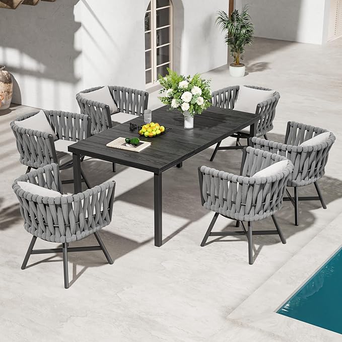 Grand patio 7-Piece Outdoor Dining Set for 6, Patio Dining Furniture Set for 6 Swivel Rope Wicker Chairs & 1 Straight Legs Rectangular Dining Faux Woodgrain Table with Umbrella Hole, Light Gray Brown