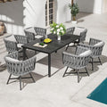 Grand patio 7-Piece Outdoor Dining Set for 6, Patio Dining Furniture Set for 6 Swivel Rope Wicker Chairs & 1 Straight Legs Rectangular Dining Faux Woodgrain Table with Umbrella Hole, Light Gray Brown
