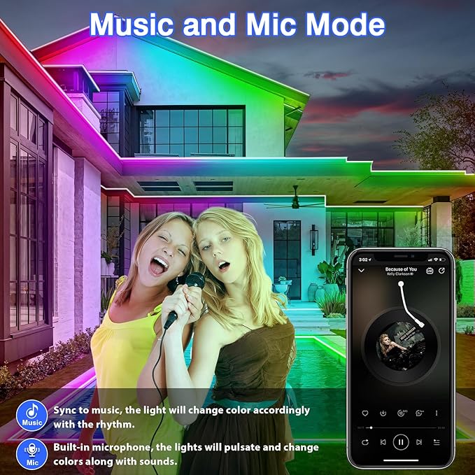 zoegi 500ft Outdoor LED Strip Lights Waterproof,Music Sync RGB IP68 Outside Led Light Strips Waterproof with App and Remote,Exterior Led Rope Lights for Deck,Balcony,Roof,Garden,Pool (500FT)