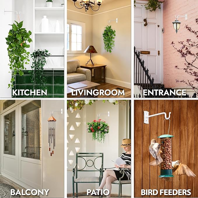RTZEN Plant Hangers Indoor or Outdoor - Wrought Iron Metal Hanger Indoor Hook - Heavy Duty Wall Bracket Hooks for Hanging Plants Baskets Lanterns Wind Chimes - 2 Pack (White Shepherds Hooks 7.5")
