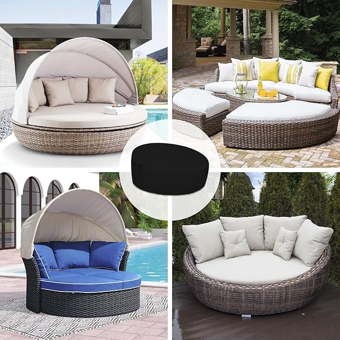 Easy-Going Heavy Duty 600D Outdoor Daybed Cover 88 Inch UV Resistant Patio Round Sofa Cover Waterproof Outdoor Canopy Daybed Sofa Cover with Air Vent 88" Dia x 35"/18" H, Black