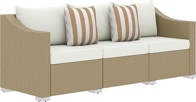 Outsunny 3 Seater Patio Sofa, Wicker Sofa with Cushions, Outdoor Furniture Rattan Couch with 2 Throw Pillows, Deep Seating, for Garden, Backyard, Porch, Cream White