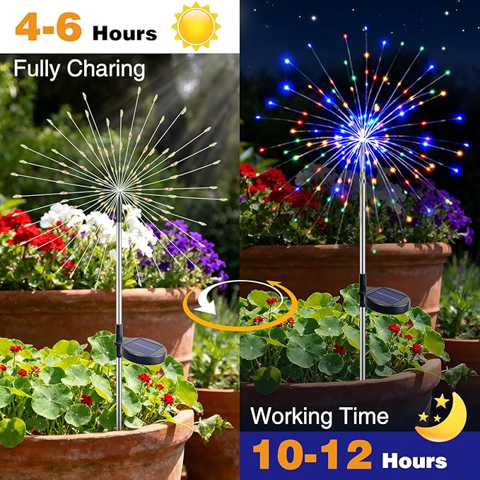 btfarm 6 Pack Solar Garden Lights Outdoor, 8 Modes Firework Lights Solar Powered, Waterproof Twinkle Fairy Light Outside for Yard Patio Pathway Pool Christmas Party Decorative, Multicolor