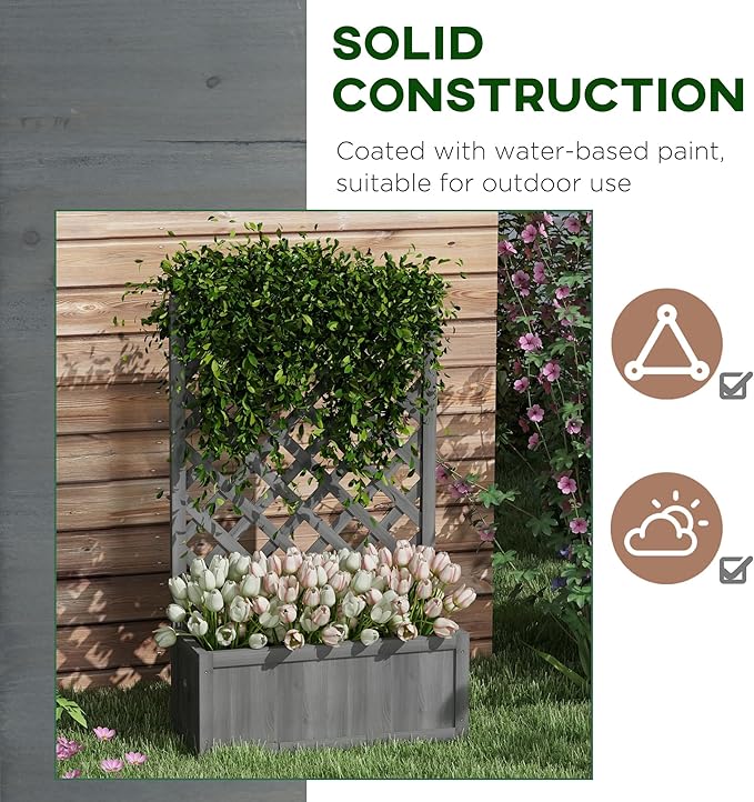 Outsunny Wooden Raised Garden Bed with Trellis, 46" Planter Box, to Grow Vegetables, Herbs, and Flowers for Backyard, Patio, Gray