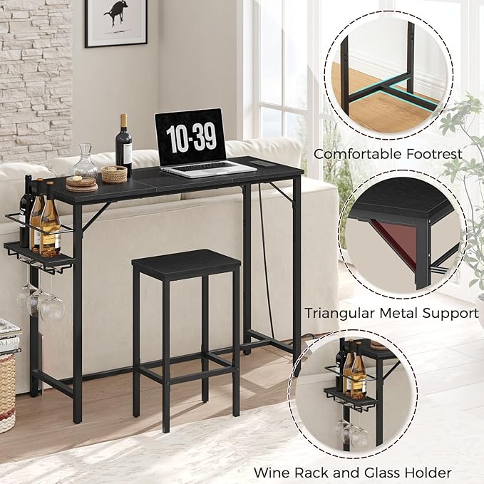 Bar Table, 35.4-Inch Counter Height Pub Table with Charging Station, Rectangular Dining Table with Wine Rack and Glass Holder, High Top Cocktail Tables, for Kitchen, Black（Only Table）