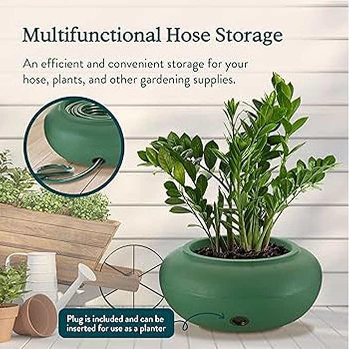 The HC Companies RZ.GH210DF1C001LRDJH 21 Inch Diameter Lightweight Garden Hose Storage Pot for 75-100 Ft Hoses, Pairs w/Terrazzo Series Pots, Green, Grassy Green