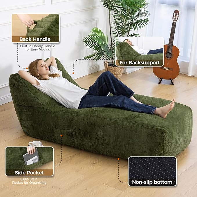 Giant Bean Bag Lounger Chair for Adults with Soft & Cozy Plush Fabric,Memory Foam Filled Beanbag Chair for Family Living Room,Bedroom and Game Room (Olive Green)