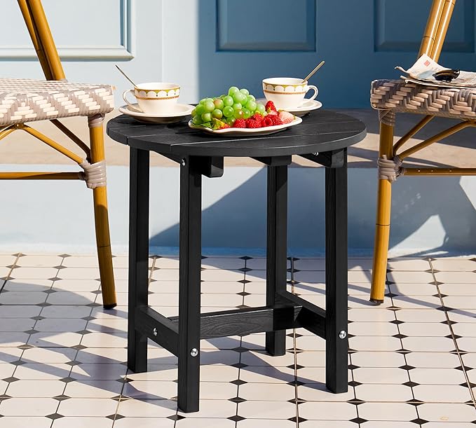 Y&M Outdoor Side Table, Waterproof Four-Legged Round Entryway End Table, Single-Tier HDPE Modern Small Coffee Nightstand for Bedroom, Living Room, Patio, Indoor or Outdoor Use, Black