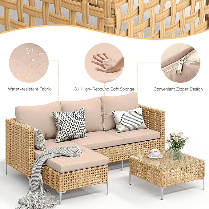 3-Piece L-Shaped Patio Furniture Set - Weather Resistant Wicker Sectional Sofa with Thick Cushions & Coffee Table for Small Spaces (Yellow/Beige)