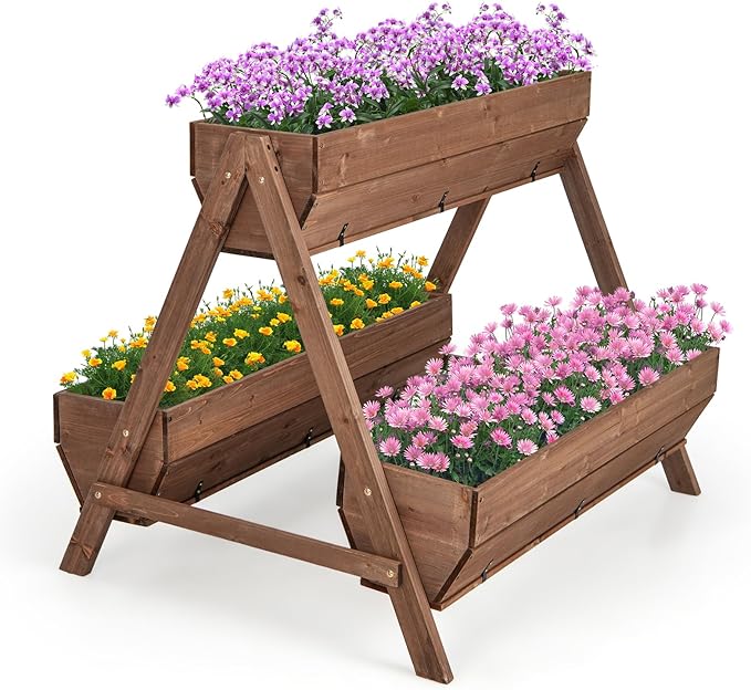 Giantex Vertical Raised Garden Bed, 3 Large Wood Planter Boxes for Flower Vegetable Fruit Herb, Freestanding Planter with Drain Holes, Elevated Raised Beds for Indoor Outdoor Lawn Patio Yard, Brown