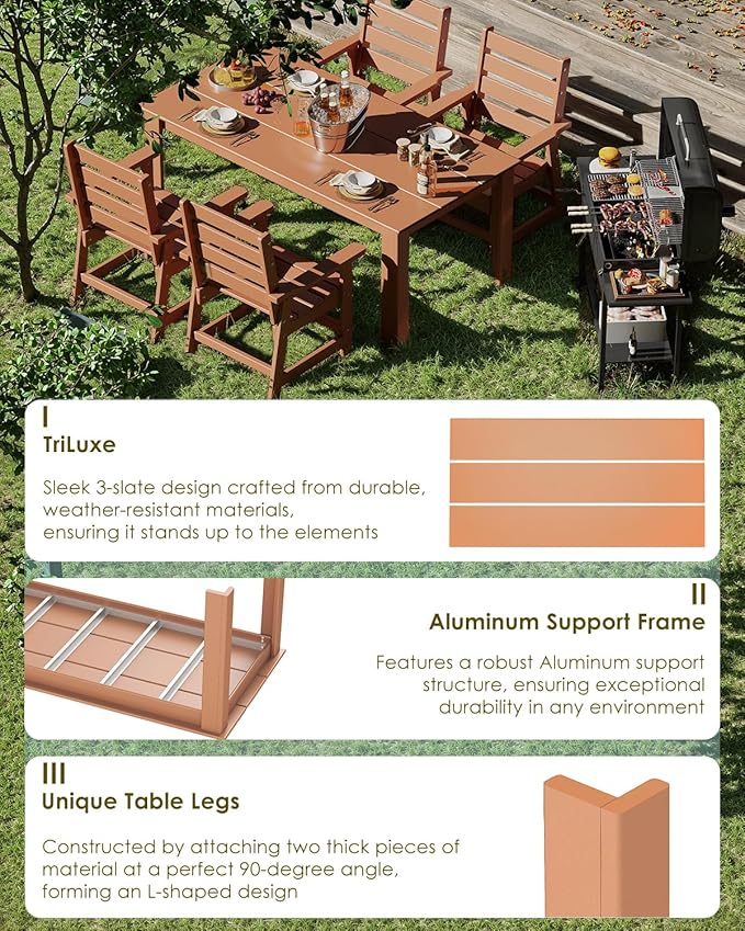 GREENVINES Outdoor Dining Table | 67’’ | HDPE | Rectangle Tables for 6 | All-Weather | Umbrella Hole | Patio Furniture | for Poolside Backyard Garden | Teak