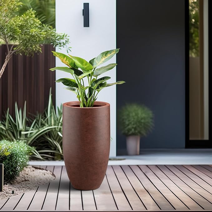Kante 24 Inch Tall Round Concrete Planter, Large Indoor Outdoor Plant Pots with Drainage Hole and Rubber Plug, Modern Decorative Garden Pots for Home Patio Porch, Rusty