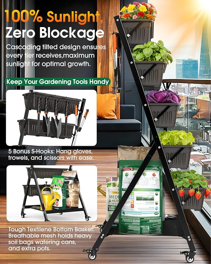 5-Tier Vertical Garden Bed Planter Boxes with Wheels, Drainage System & Storage Space, Mobile Vertical Garden Planter with 5 S-Hooks for Plants Vegetables Flowers Herbs in Garden Patio Yard
