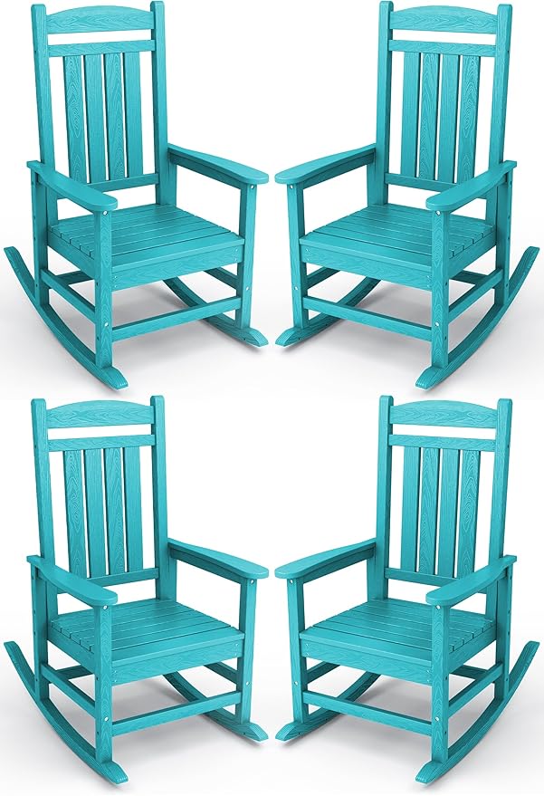 KINGYES HDPE Outdoor Rocking Chair Set of 4, All-Weather Poly Patio Rocking Chairs with 330lbs Support for Adults, Aruba Blue