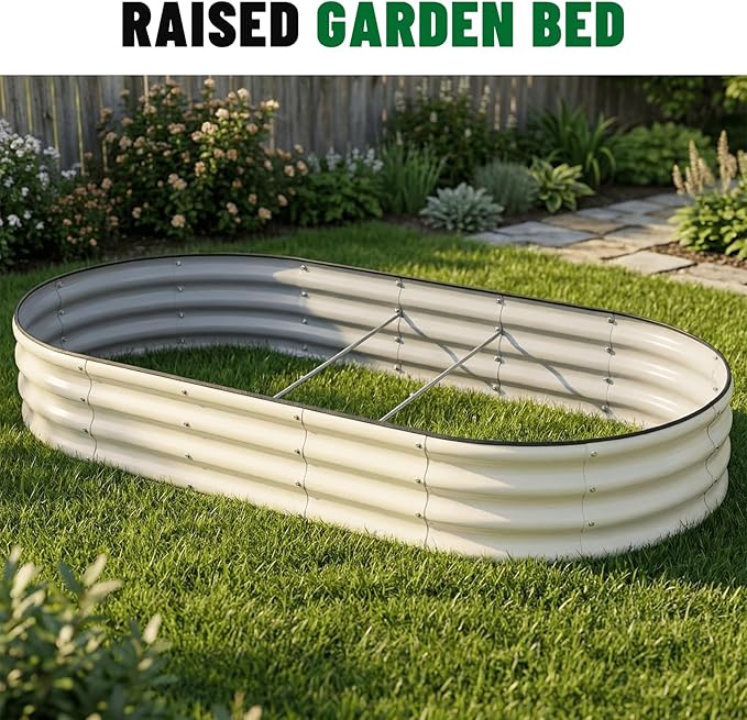 SnugNiture 2 Pcs 6x3x1ft Raised Garden Bed Kit, Outdoor Oval Metal Garden Planter, Ground Planter Box for Gardening Vegetables Flowers, White