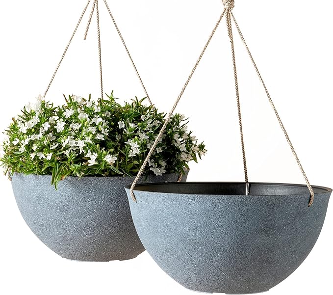 LA JOLIE MUSE Large Hanging Planters for Outdoor Plants - Hanging Flower Pots Weathered Gray (13.2 Inch, Set of 2)