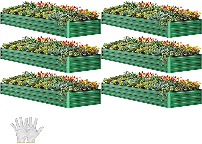 YITAHOME 6pcs 12x4x1 ft Galvanized Raised Garden Bed Kit, Large Metal Planter Box with Gloves, Safety Rubber & Support Rod, Outdoor Flower Bed for Plants Vegetables, Black